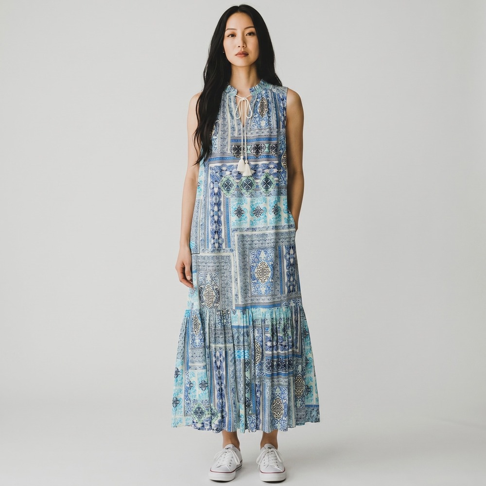 Chicos Blue Patchwork Tile Print Sleeveless Maxi Dress Tiered Boho Sz 1 US 8/10